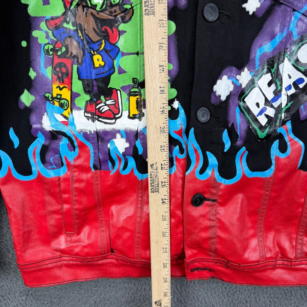 Reason Mens Graffiti Graphic Denim Jacket Black Red Blue XL Streetwear Skull - Picture 4 of 8